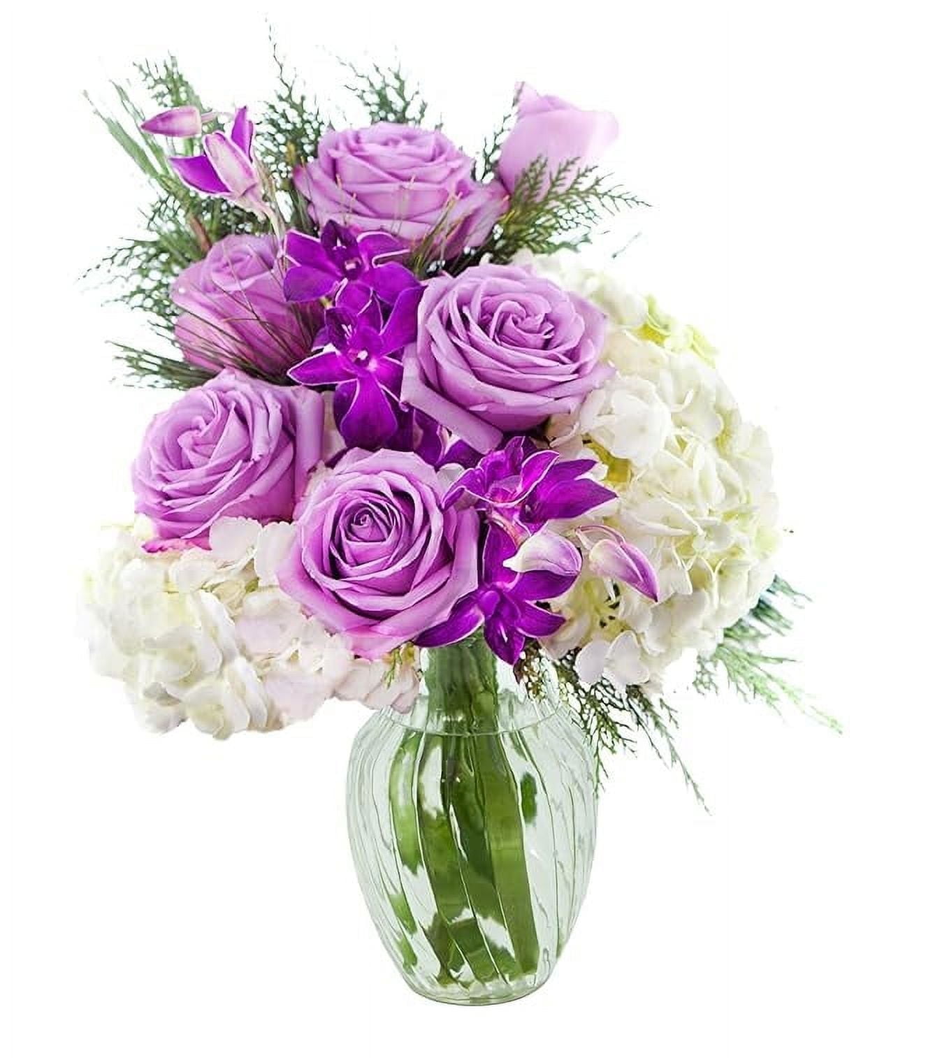 KaBloom : 6 Purple Roses, 2 White Hydrangeas, 2 Purple Dendrobium Orchids, 6 Greens with vase.