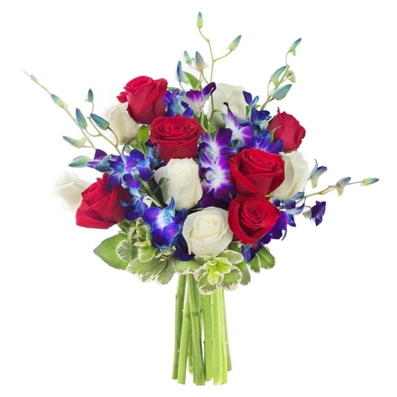 KaBloom : 3 Red and 3 White Roses, 5 Blue Dendrobium Orchids and 3 Greens Next-Day Delivery.