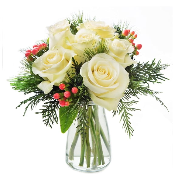 KaBloom : 6 White Roses, 3 Red Hypericum Berries, 6 Greens, Next-Day Delivery.