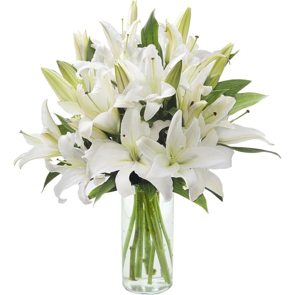 KaBloom : 8 White Oriental Lilies and Vase, Next-Day Delivery, Gift for Every Occasion.