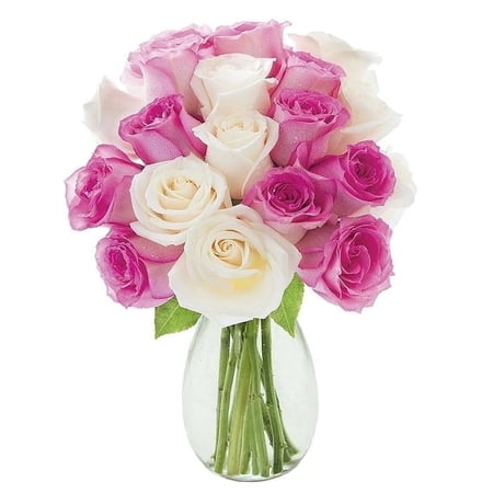 KaBloom: 9 Pink, 9 White Roses in vase, Next-Day Delivery, Gift for Every Occasion.