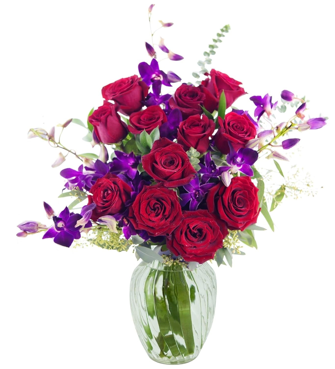 KaBloom : Bouquet of 12 Red Roses 5 Purple Orchids and Greens with Vase, Next-Day Delivery