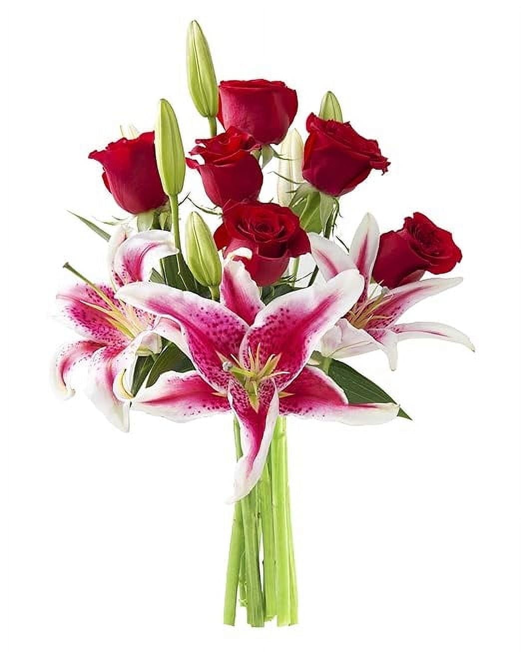 KaBloom : Bouquet of 6 Red Rose and 5 Pink Lilies with Vase, Next-Day Delivery, Gift for Occasions.