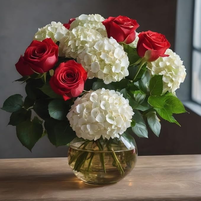 KaBloom : Bouquet of 6 Red Roses and 2 White Hydranheas Next-Day Delivery, Gift for Every Occasion.