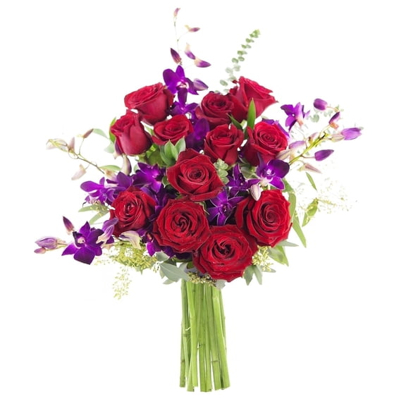 KaBloom : Bouquet of Fresh 12 Red Roses 5 Purple Orchids with 10 Greens, Next-Day Delivery