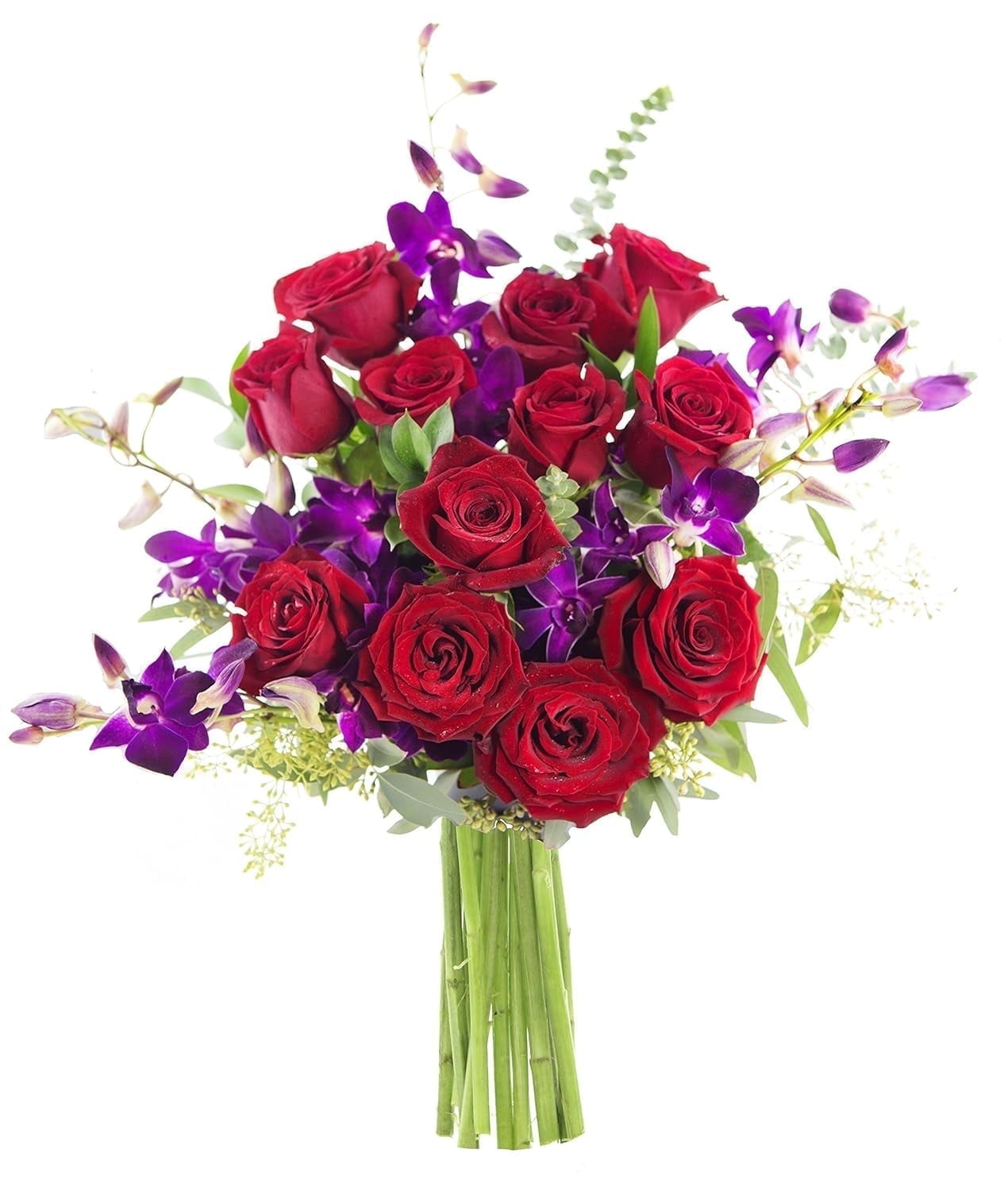 KaBloom : Bouquet of Fresh 12 Red Roses 5 Purple Orchids with 10 Greens, Next-Day Delivery