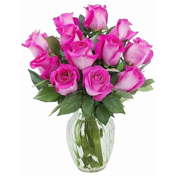 KaBloom : Bouquet of Fresh 18 Pink Roses with Vase, Next-Day Delivery, Gift for all occasions