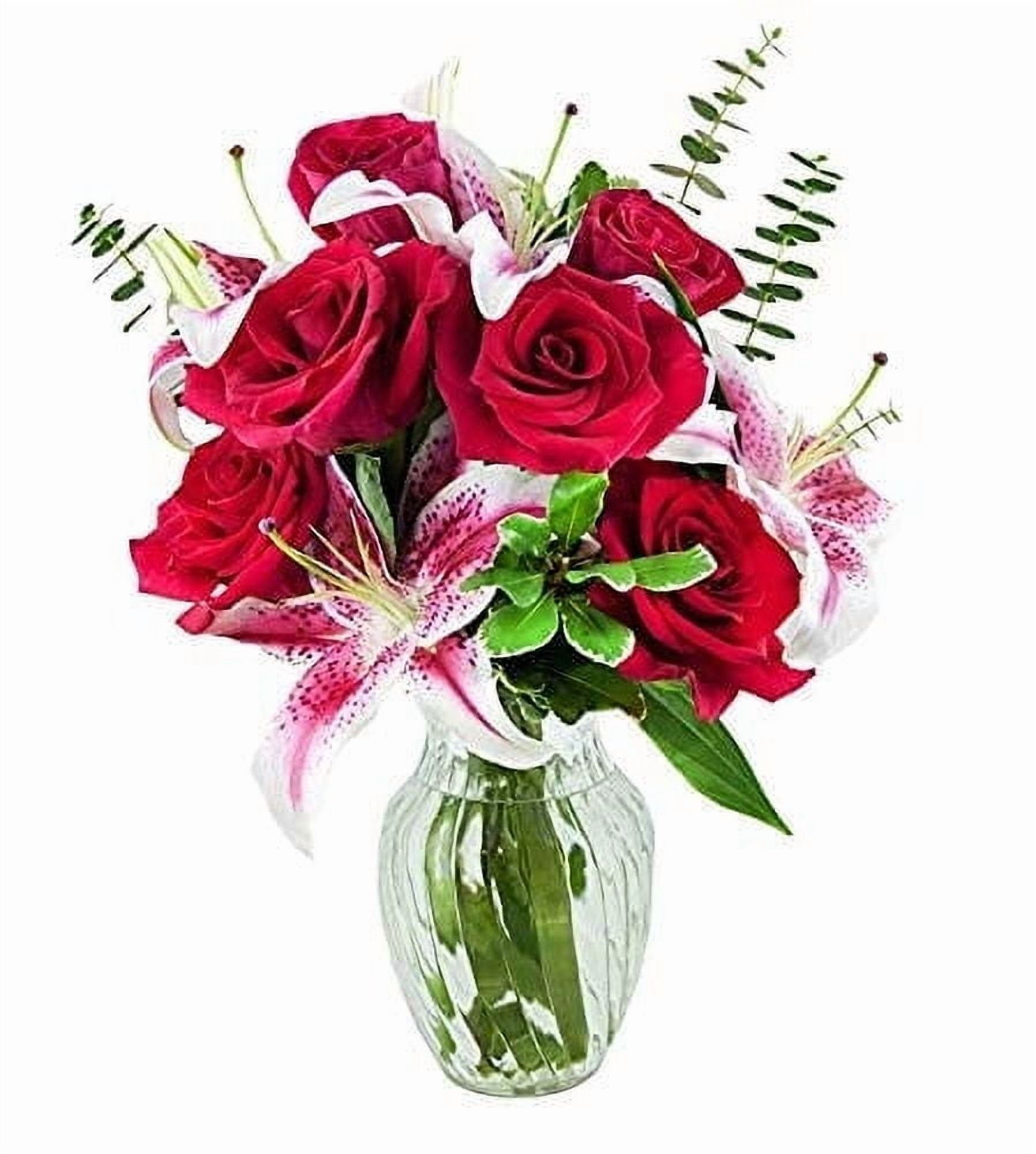 KaBloom: Fall Collection-Bouquet of Fresh Cut Flower 6 Red Roses and 5 Pink Stargazer in vase,Next-Day Delivery, Gift of Fresh Flowers for Every Occasion.