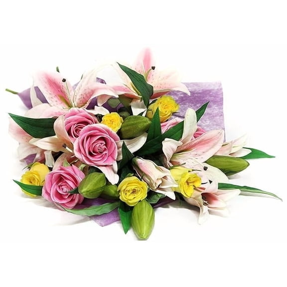 KaBloom : Fall Collection-Bouquet of 5 Pink Roses, 5 Yellow Roses, 5 Stargazer Lilies,, Next-Day Delivery, Gift of Fresh Flowers for Every Occasion.