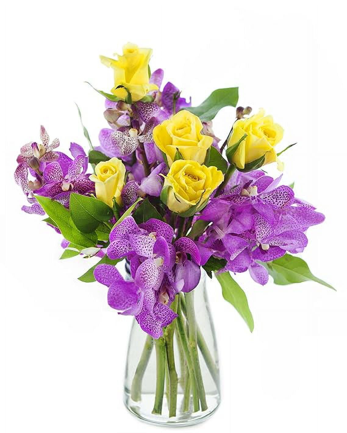 KaBloom : Fall Collections-Bouquet of 5 Yellow Roses, 5 Purple Orchids, 6 Greens with vase