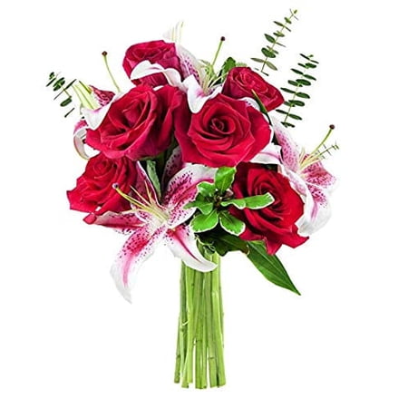 KaBloom : Fall Collections-Bouquet of 6 Red Roses, 3 Pink Stargazers, 6 Israeli Ruscus