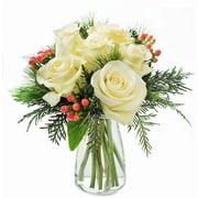 KaBloom : Noel White Roses Accented with Red Berries and Seasonal Greens With Vase, Next-Day Delivery, Gift for Fresh Flower for Every Occasion