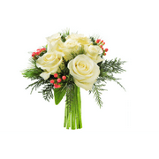 KaBloom : Noel White Roses Accented with Red Berries and Seasonal Greens Without Vase, Next-Day Delivery, Gift for Fresh Flower for Every Occaison.