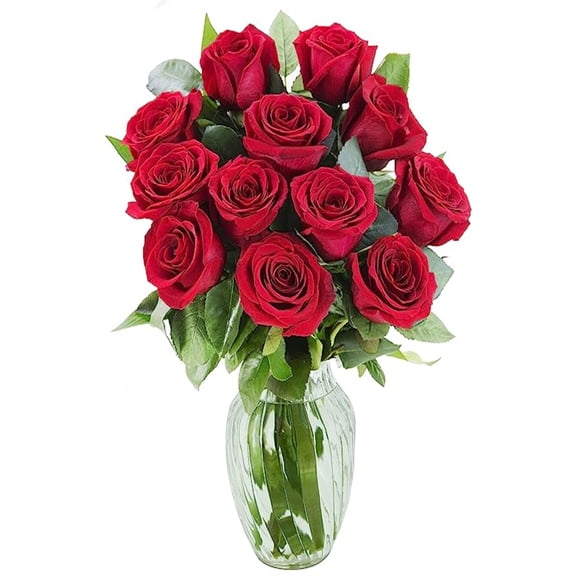 KaBloom : Red Roses with greens in vase, Next-Day Delivery, Gift for Every Occasion.