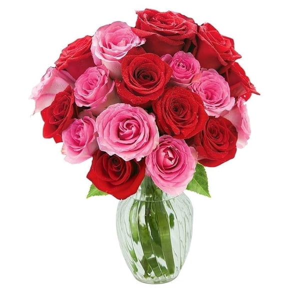 KaBloom : Red and Pink Roses 18 with Greens Bouquet, Next-Day Delivery, Gift for Every Occasion