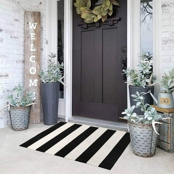 KaHouen Black and White Striped Rug (23.6 x 35.4 Inches ), Indoor Outdoor Striped Doormats, Handmade Woven Farmhouse Layered Door Mats Striped Mat for Front Door/Kitchen/Laundry/Bathroom/Living Room