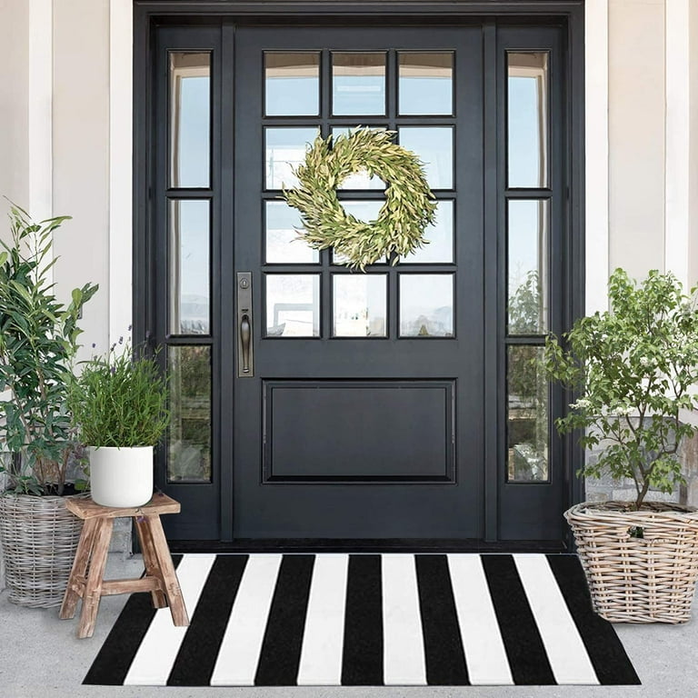 Front Door Rug, Outdoor Striped Rug, Black White Front Porch Decor Layered  Mat
