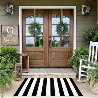 Striped Black and White OUtdoor Rug, Front Porch Rug • Layered