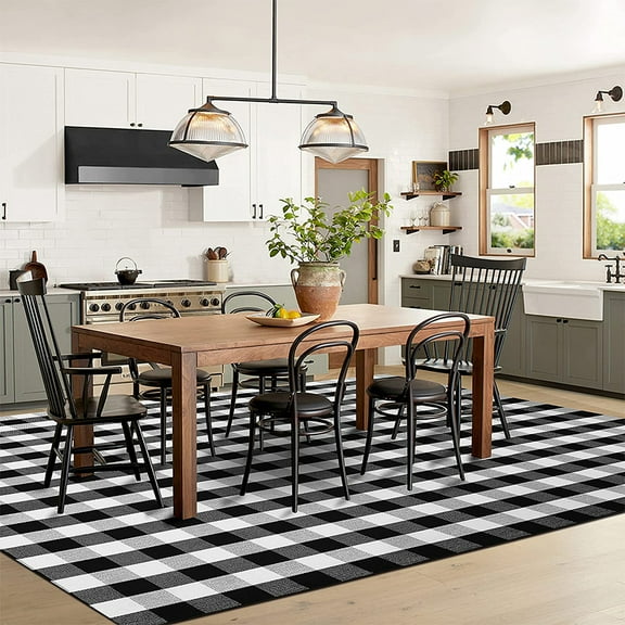 KaHouen Buffalo Plaid Rug Black and White 59''x79'' Area Rug, Cotton Hand-Woven Washable Indoor Outdoor Area Rug Farmhouse、Dining Room、Bedroom、Living Room Rug (5X7 ft)