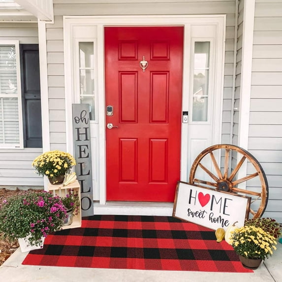 KaHouen Red and Black Buffalo Check Rug (23.6 x 51.2 Inches), Buffalo Plaid Front Door Rug, Christmas Decor Welcome Indoor & Outdoor Checkered Rugs for Layered Door Mats/Kitchen/Farmhous