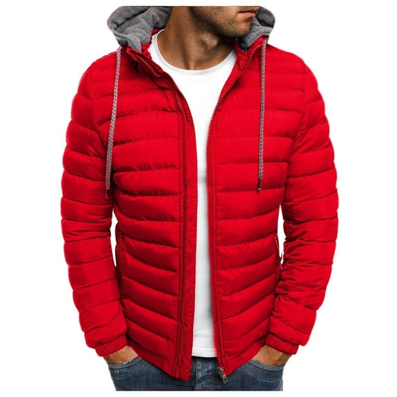 KaLI_Store Men Coat Clearance Fall Winter Men's Solid Hood Jacket Fashion Cotton Padded Jacket Men's Warm Cotton Puffer Jacket Red,M