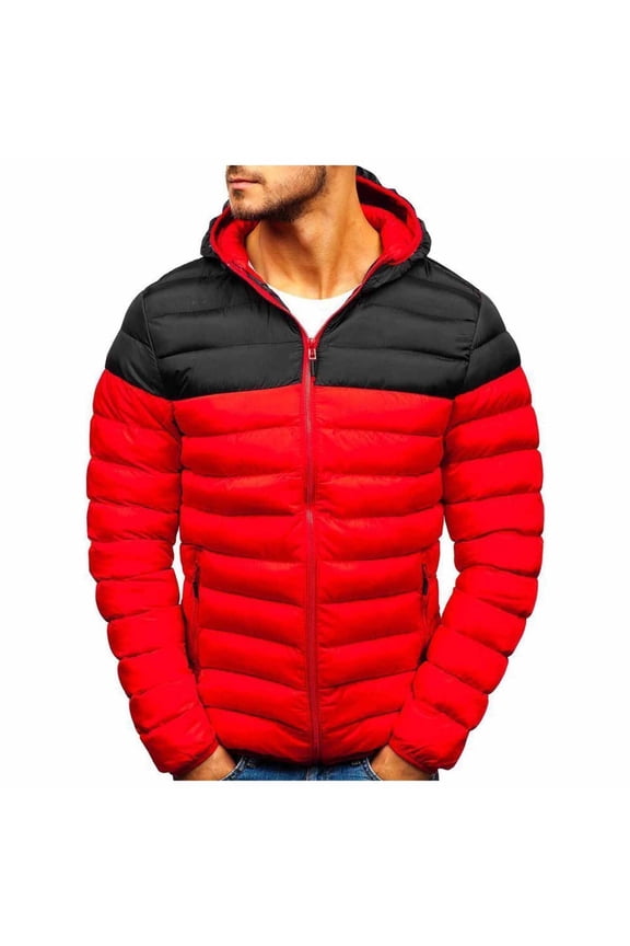 Men Winter Jackets Warm Coats Full Zip Puffer Jacket Quilted Insulated Jacket Warm Puffy Jackets Red,M