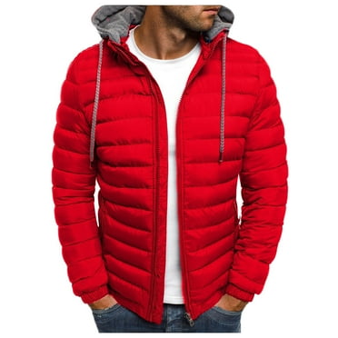 KaLI_Store Men's Running Jacket Lightweight Warm Puffer Jacket Thermal Coats Winter coat with hood Red,XL