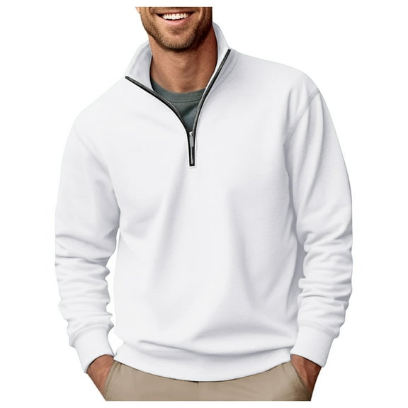 KaLI_Store Mens Sweatshirts Autumn and Winter Fashion Casual Loose Quarter Zip Solid Color Stand Collar Hoodless Pullover Sweater Tops White,XL