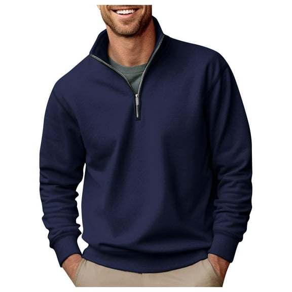 KaLI_Store Quarter Zip Sweatshirts for Men Long Sleeve Fleece Pullover Lightweight Casual Stand Collar Fall Tops Outdoor Warm Sweatshirts Dark Blue,2XL