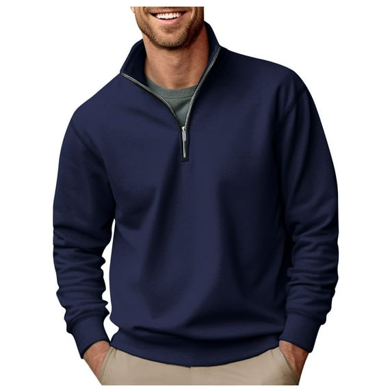 KaLI_Store Quarter Zip Sweatshirts for Men Long Sleeve Fleece Pullover Lightweight Casual Stand Collar Fall Tops Outdoor Warm Sweatshirts Dark Blue,M
