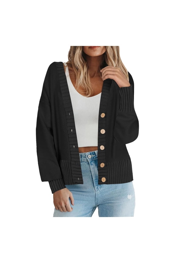 Women's Knit Open Front Sweater Long Sleeve Button Loose Short Cardigan Outerwear Coats(Z1-Black,L)