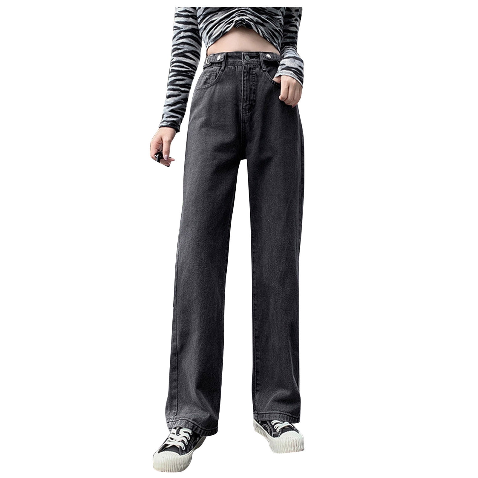 KaLI store Baggy Jeans Bell Bottom Jeans for Women Elastic High Waisted Boyfriend Ripped Flare Jeans Distressed Raw Hem Denim Pants Black XXL