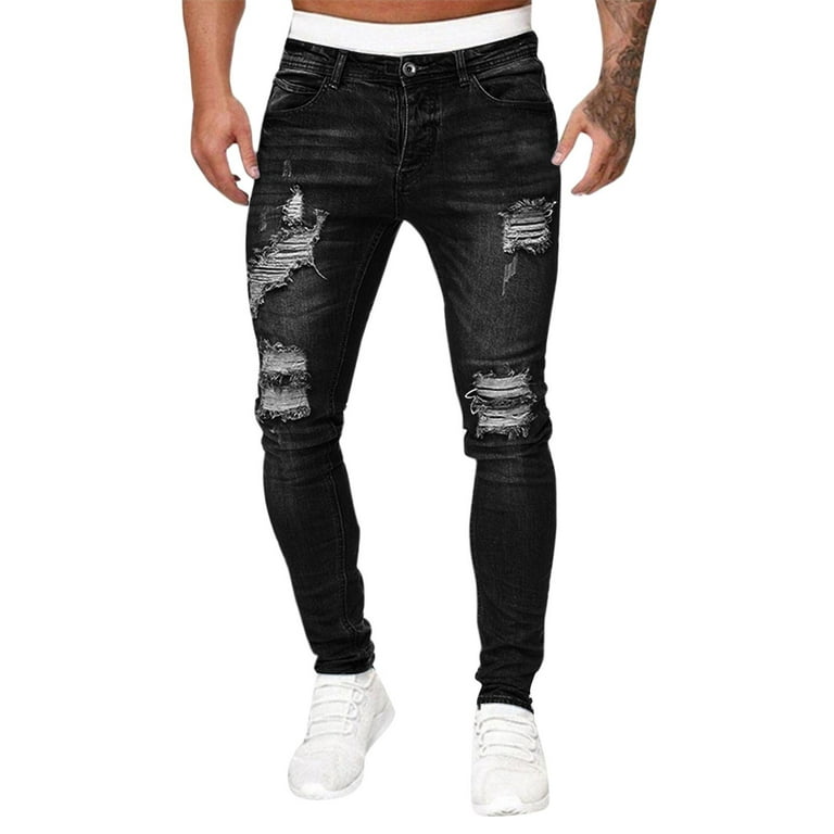 KaLI_store Baggy Jeans Men's Ripped Slim Fit Skinny Destroyed Distressed  Tapered Leg Jeans Black,S