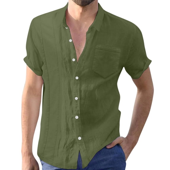 KaLI_store Blouses & Button-Down Shirts Men's Casual Button Down Short Sleeve Shirt Button Up Summer Beach Regular-fit Cotton Speard Collar Tops Army Green,XL
