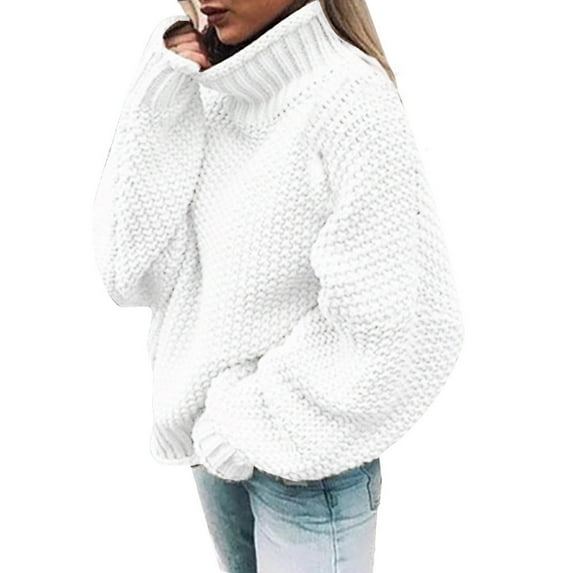 KaLI_store Cable Knit Turtleneck Sweater Women Womens Turtleneck Sweaters Long Sleeve Loose Pullover Sweater Casual Knit Tops White,XXL