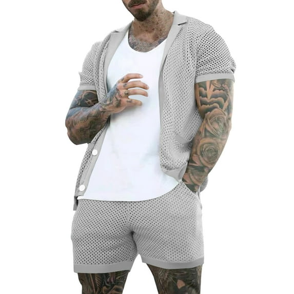 KaLI_store Casual Light Weight Summer Suits for Men Mens Shorts Sets 2 Piece Outfits Shirt and Shorts Set T Shirt Apparel Cool Summer Sport Surf Beach Pants Pool Tee Shirt Grey,M