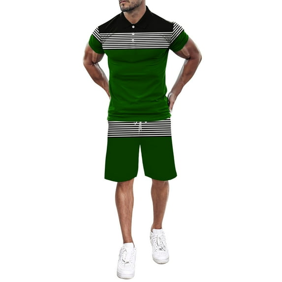 KaLI_store Casual Suits for Men Men's Tracksuit Sport Set Summer Outfit 2 Pieces Short Sleeve T Shirts and Shorts Casual Sweatsuit Army Green,3XL