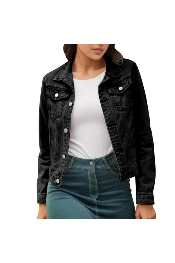 Coats for Women with Pockets Women's Casual Oversized Embroidered Pearls Rivet Denim Jacket Short Jean Coat Black,S