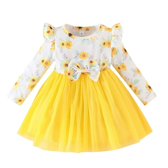 KaLI_store Cute Dresses for Kids Toddler Girls Dresses Winter Long Sleeve Girl Casual Clohtes Yellow,6-12 Months