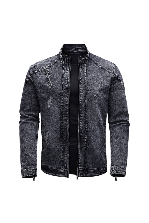 Denim Jacket Men Slim Fit Men's Distressed Denim Jacket Casual Ripped Holes Button Down Trucker Jacket Jean Coat Black,L