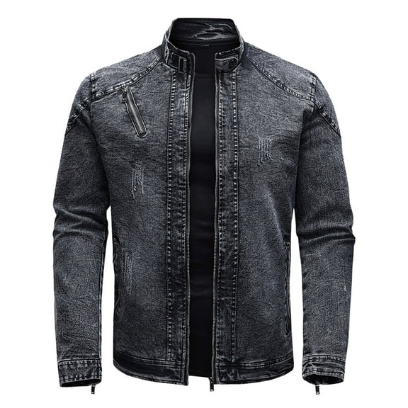 KaLI_store Denim Jacket Men Slim Fit Men's Distressed Denim Jacket Casual Ripped Holes Button Down Trucker Jacket Jean Coat Black,L