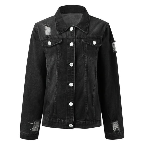 KaLI_store Denim Jackets for Women Fashion Women's Button Down Long Sleeve Cropped Denim Jean Jacket with Pockets Black,XL