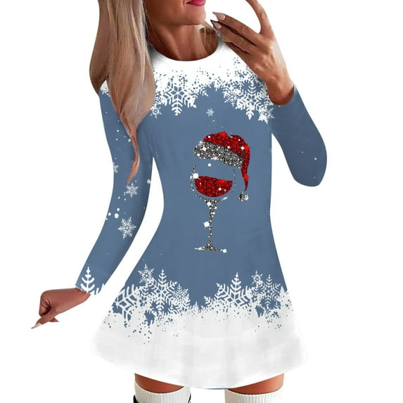 KaLI_store Dresses for Women 2023 Women's Casual Christmas Print Long Sleeve Round Neck Loose Dresses for Womens Blue,L