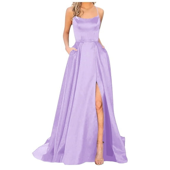 KaLI_store Dresses for Women Women's Dresses Casual Spaghetti Strap Wrap Crew Neck Maxi Dress Ruffle Wedding Guest Dress Z2-Purple,2XL