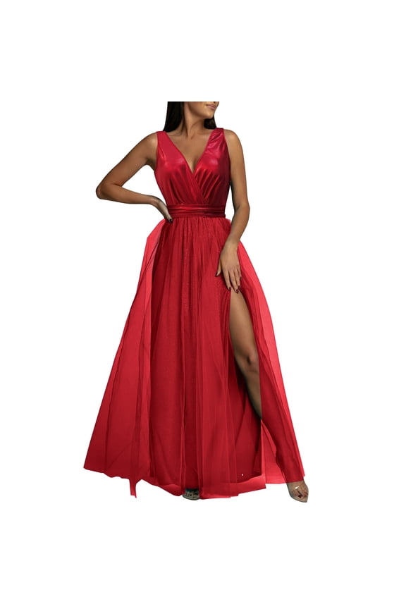 Formal Dress Women's Round Neck Sequin Maxi Dress Long Evening Dress Red,S