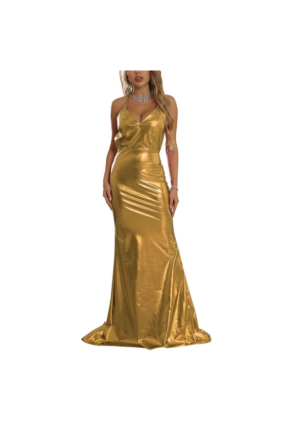 Formal Dresses for Women Evening Party Dresses for Women Criss-Cross Satin Spaghetti Strap Backless Long Dress A-Line Hem Side Split Wedding Dresses Gold,XL