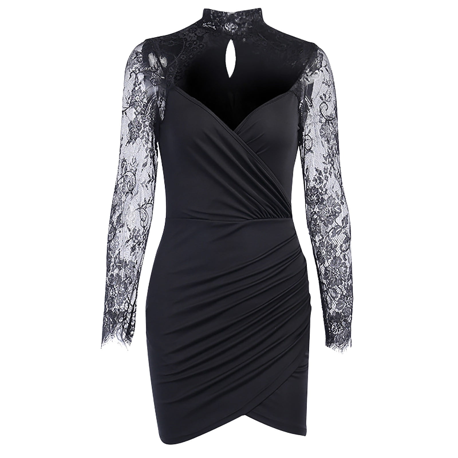 black high neck lace long sleeve frill bodycon dress PrettyLittleThing | Dresses | Black High Neck Lace Long Sleeve Frill  Bodycon Dress