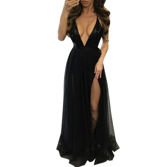 KaLI_store Formal Dresses for Women Dresses for Women Spaghetti Straps Slit Evening Formal Ball Gowns with Pockets Black,S