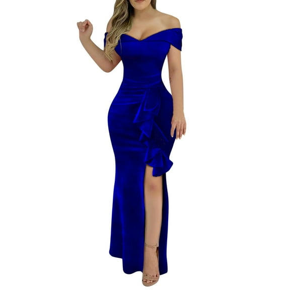 KaLI_store Formal Dresses for Women Evening Party Women's V Neck Sequin Gown Long Prom Evening Party Dress Blue,L