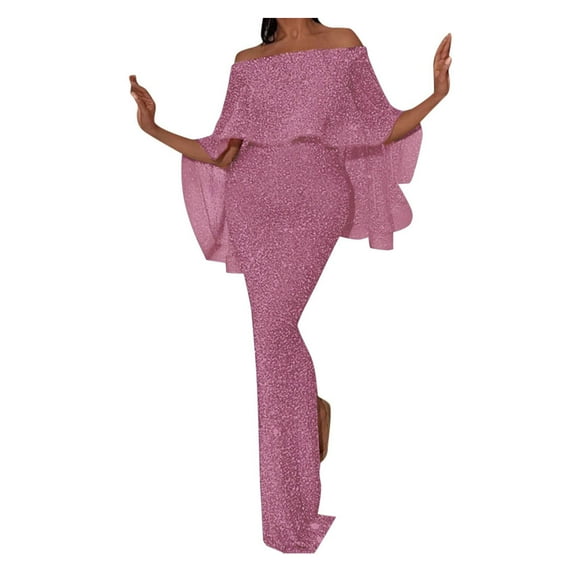 KaLI_store Formal Dresses for Women Evening Party Womens Off The Shoulder Short Sleeve High Low Skater Dress Pink,3XL